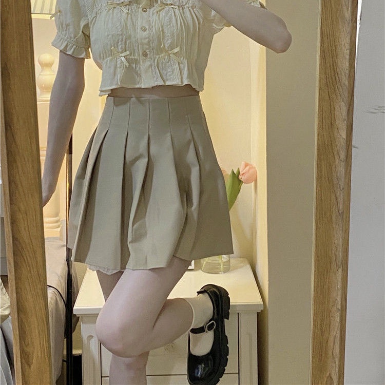 Bộ Áo Tay Phồng Ngắn Cổ Búp Bê Phối Chân Váy Xếp Ly Kiểu Retro Hàn Quốc Thời Trang Mùa Hè Cho Nữ