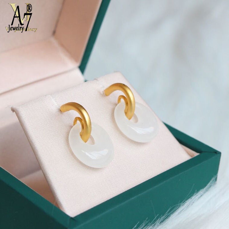 Khuyên Tai Bạc S925 Đính Đá Ngọc Bích Trắng Thời Trang Cho Nữ A7 S925