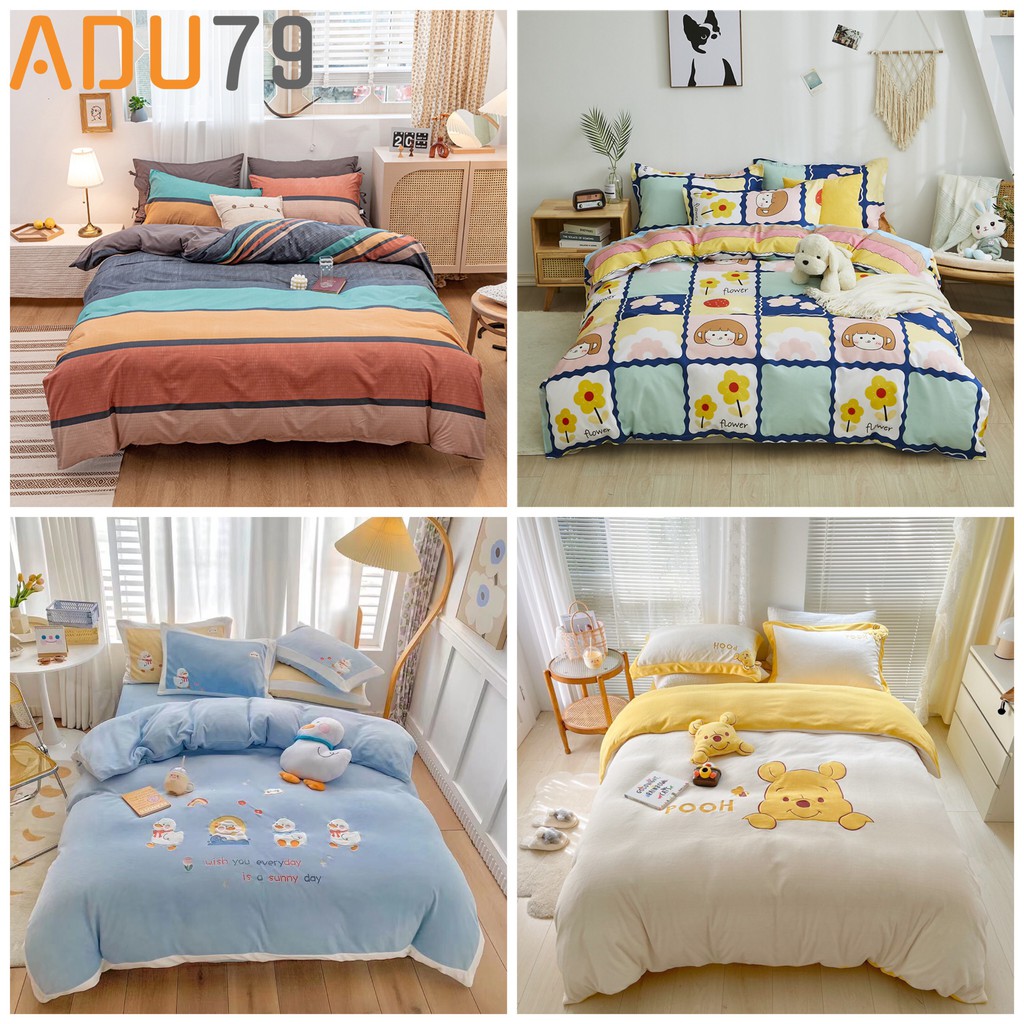 Bộ Ga Giường Full Set Cotton Korea Bedding ADU79 Đủ Kích Thước Trải Nệm 4 Món CỎ VỎ CHĂN