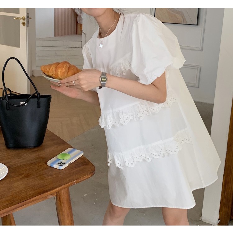 (HÀNG SẴN) Váy suông phối ren tầng xinh xắn - Váy trắng trên gối Hàn Quốc freesize