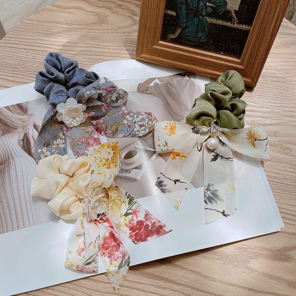 Dây Cột Tóc Ruy Băng Thắt Nơ Họa Tiết Hoa Phong Cách Vintage Hàn Quốc Ngọt Ngào Cho Nữ Giá Đỡ