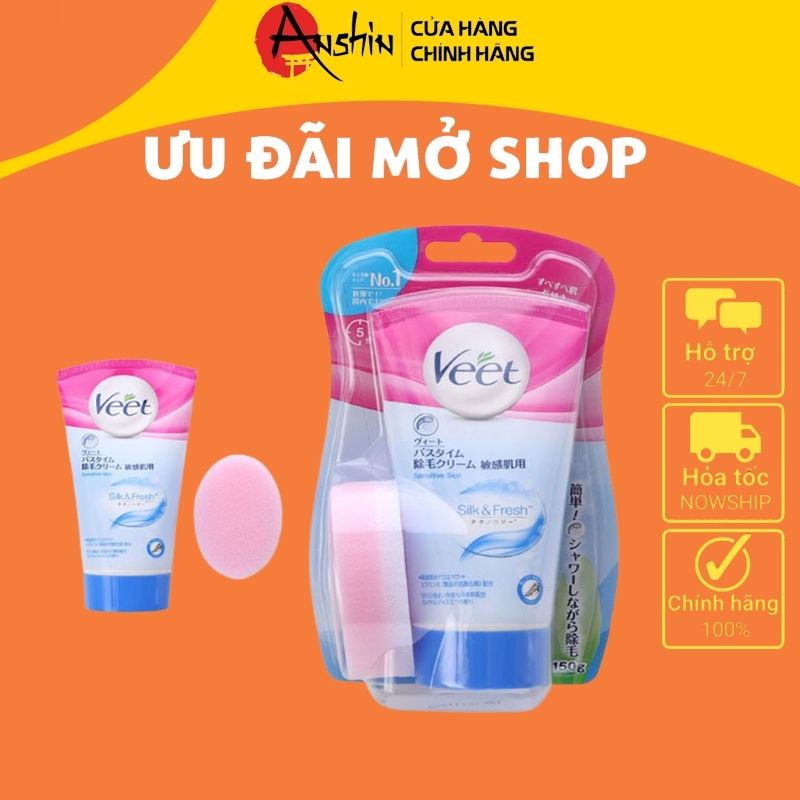 Kem tẩy lông Veet 150g tặng kèm bông hàng Nhật nội địa tẩy lông toàn thân - Anshin