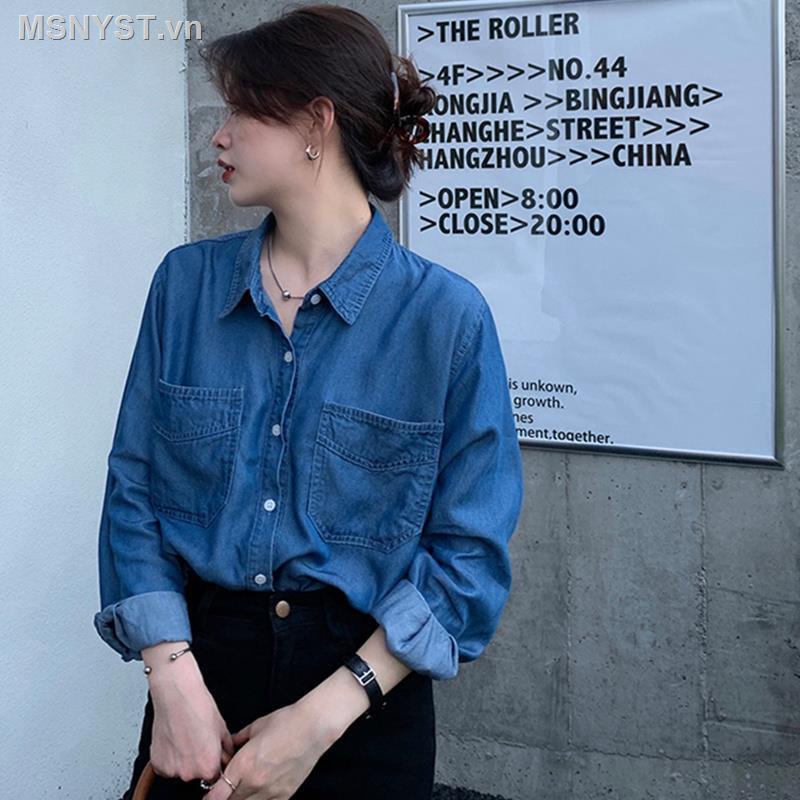 Áo sơ mi denim tay dài thời trang mùa thu Hong Kong mới cho nữ