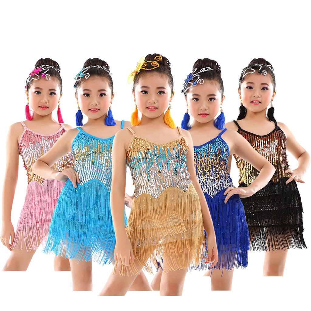 Đầm Khiêu Vũ Latin Phối Tua Rua Đính Kim Sa Lấp Lánh Dành Cho Bé Gái