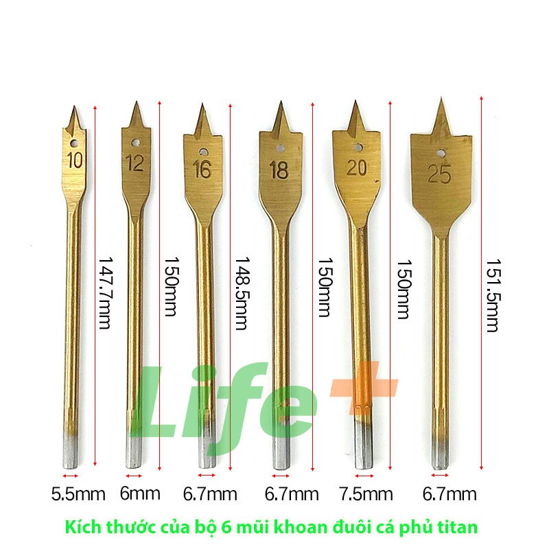 Mũi khoét lỗ gỗ đuôi cá titanium 6 chi tiết 10-25mm