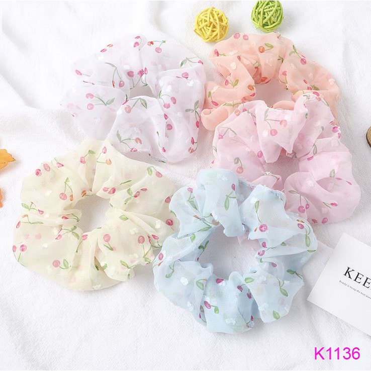 Dây buộc tóc, cột tóc vải scrunchies vải voan cherry Orin K1136