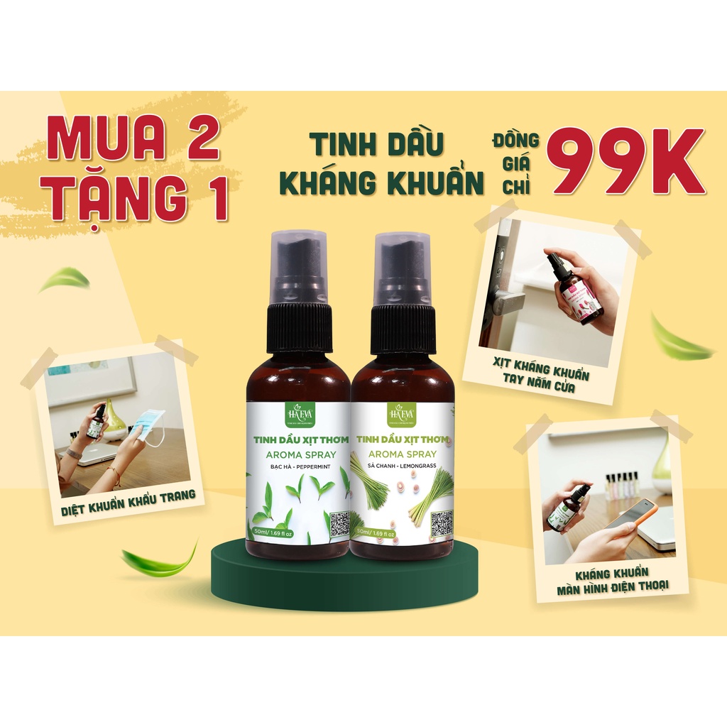 Tinh dầu xịt thơm Oải Hương Haeva 50ml, 100% thiên nhiên, giúp khử mùi, làm thơm, giảm căng thẳng, thư giãn