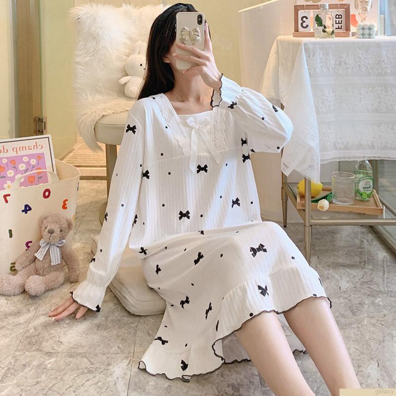 Đầm ngủ tay dài dáng rộng in họa tiết phong cách Hàn Quốc xinh xắn thời trang dành cho nữ