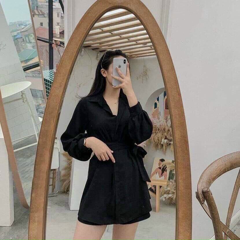 Set áo sơ mi kèm quần đùi dây đan eo/ Set váy sơ mi 2 màu basic | BigBuy360 - bigbuy360.vn