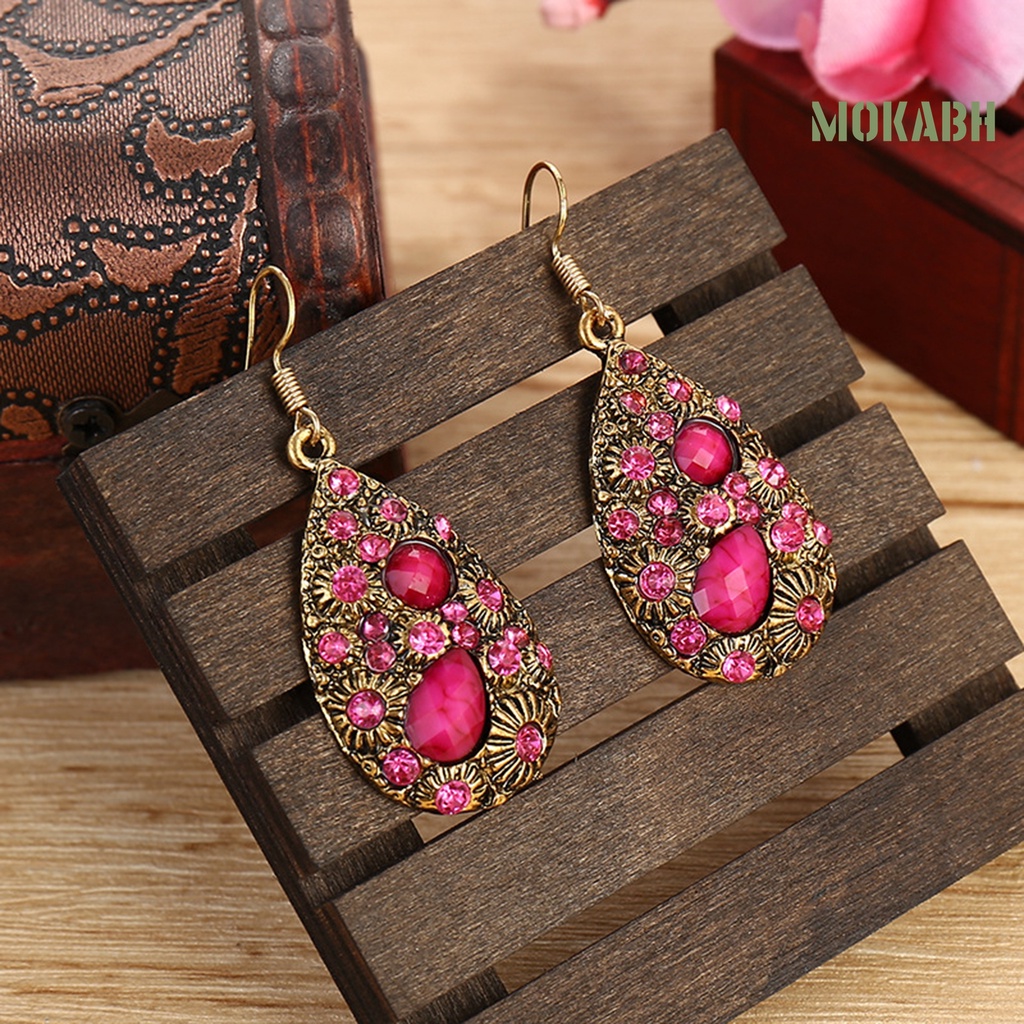 1 Đôi Bông Tai Đính Đá Hình Giọt Nước Phong Cách Dân Tộc Thời Trang