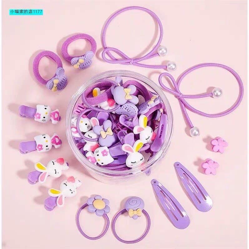 Hộp 50 Chun Buộc Tóc Thỏ, Gâu, Lơ Nhiều Màu Cho Bé