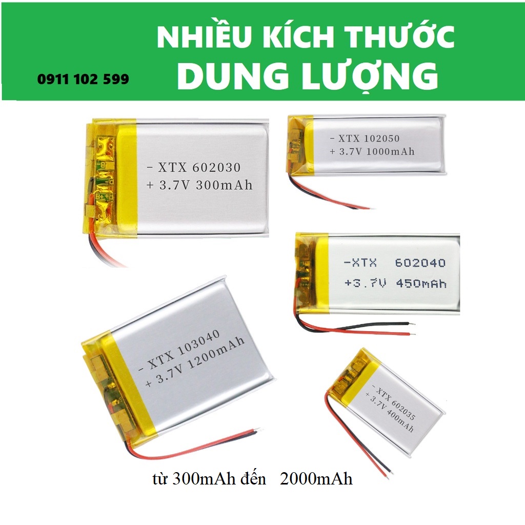Pin lithium 602030 dung lượng 300mAh, điện áp 3,7V có mạch bảo vệ