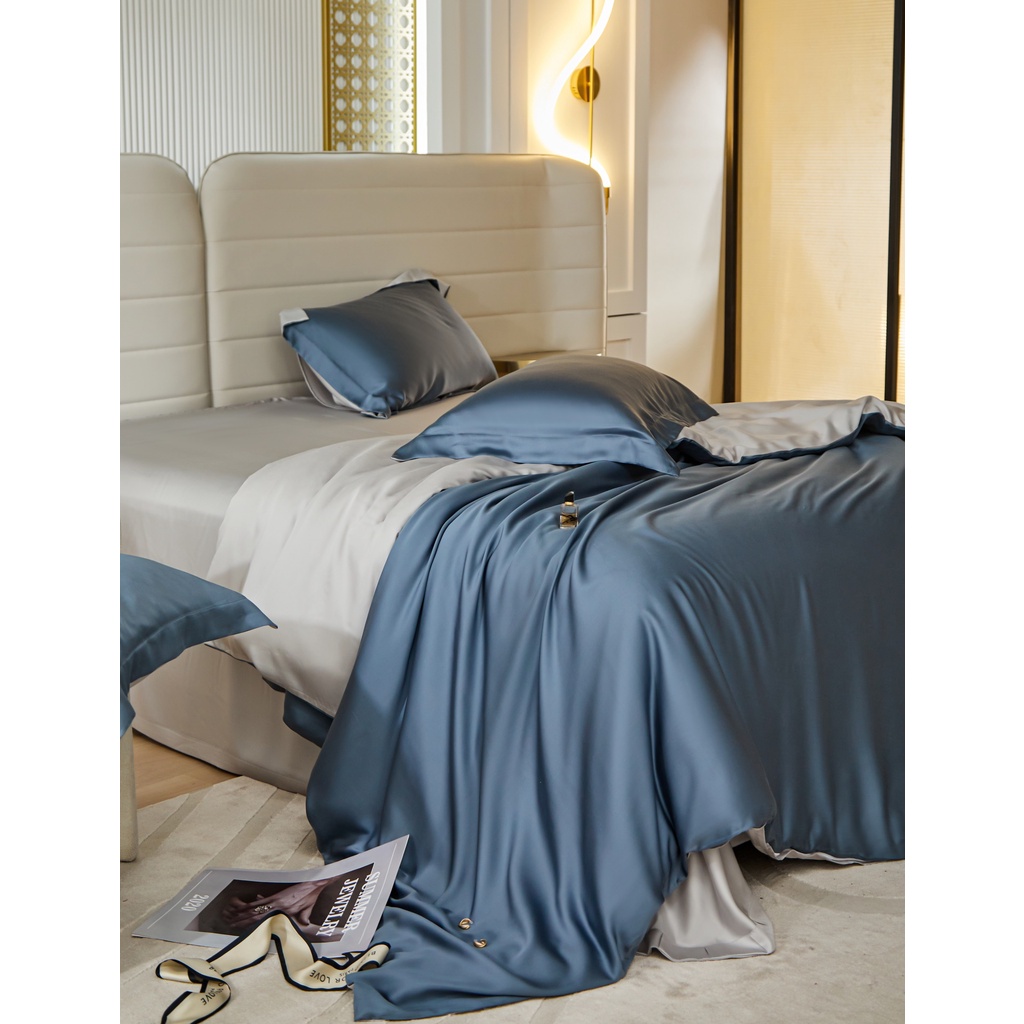 Bộ chăn ga gối trơn phối 2 màu, 100%Tencel 60s 5 món, Chất liêu siêu mềm mát,  Các màu hot nhất 2023SS
