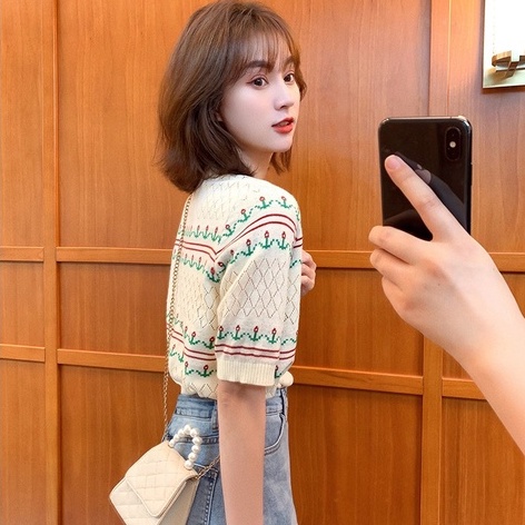 Áo dệt kim ZHELIHANGFEI ngắn tay thêu họa tiết xinh xắn thời trang