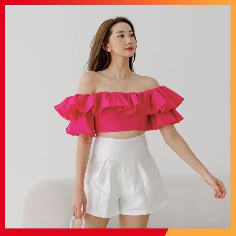 Áo croptop bẹt vai màu hồng, Trắng :phần vai có thun co giãn, dây kéo phía sau Laphin Top !