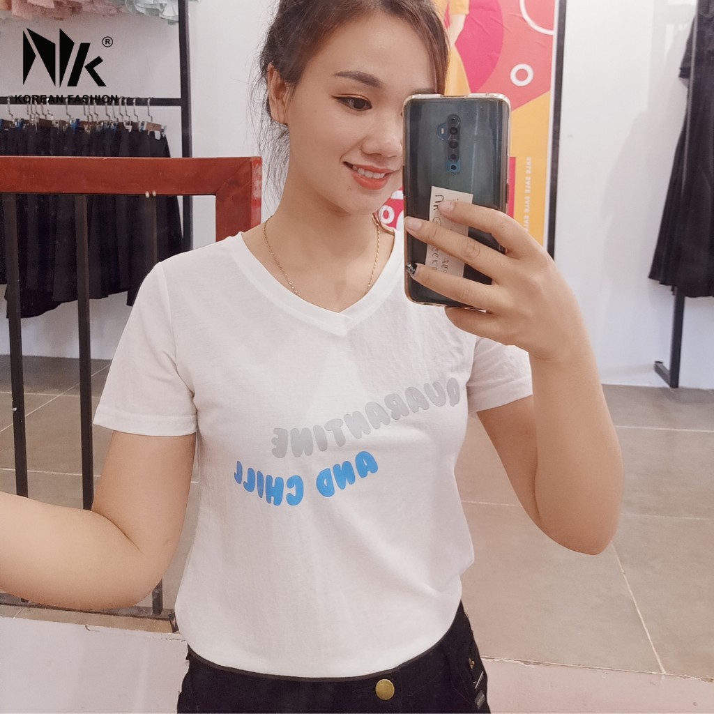 Áo Phông Nữ Cổ Tim NK FASHION Dáng Cơ Bản, Dễ Mặc, In Chữ, Vải Cotton Thoáng Mát, Mềm Mịn NKAT2103005