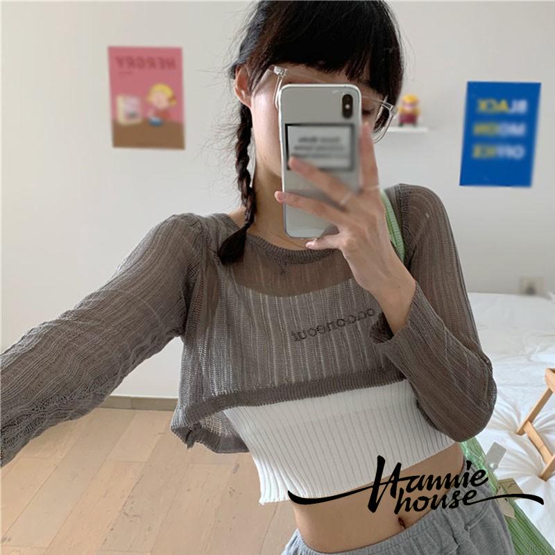 Hannie-Women Solid Color Long Sleeve Round Neck Cutout Sheer Knitted Cropped Tops