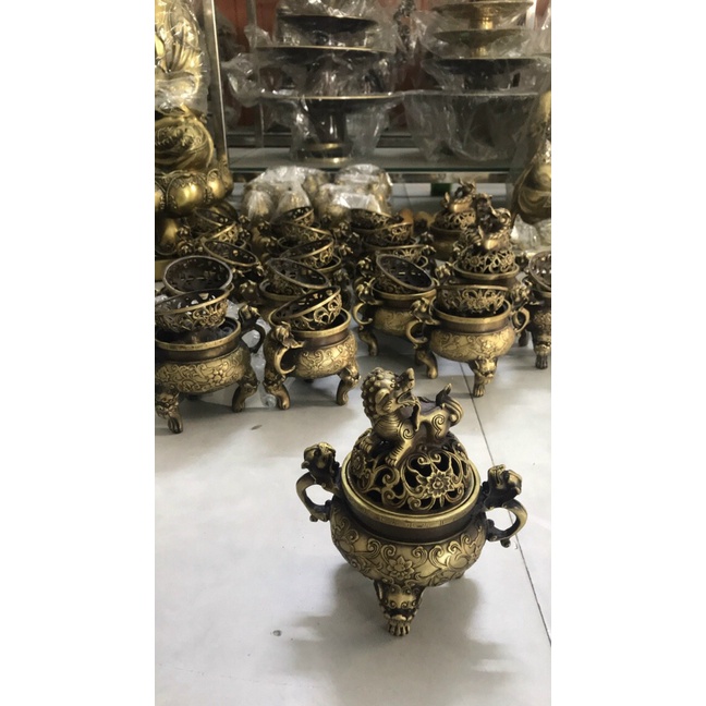 Lư Xông Trầm đốt trầm Nắp Nghê hoa cúc bằng đồng