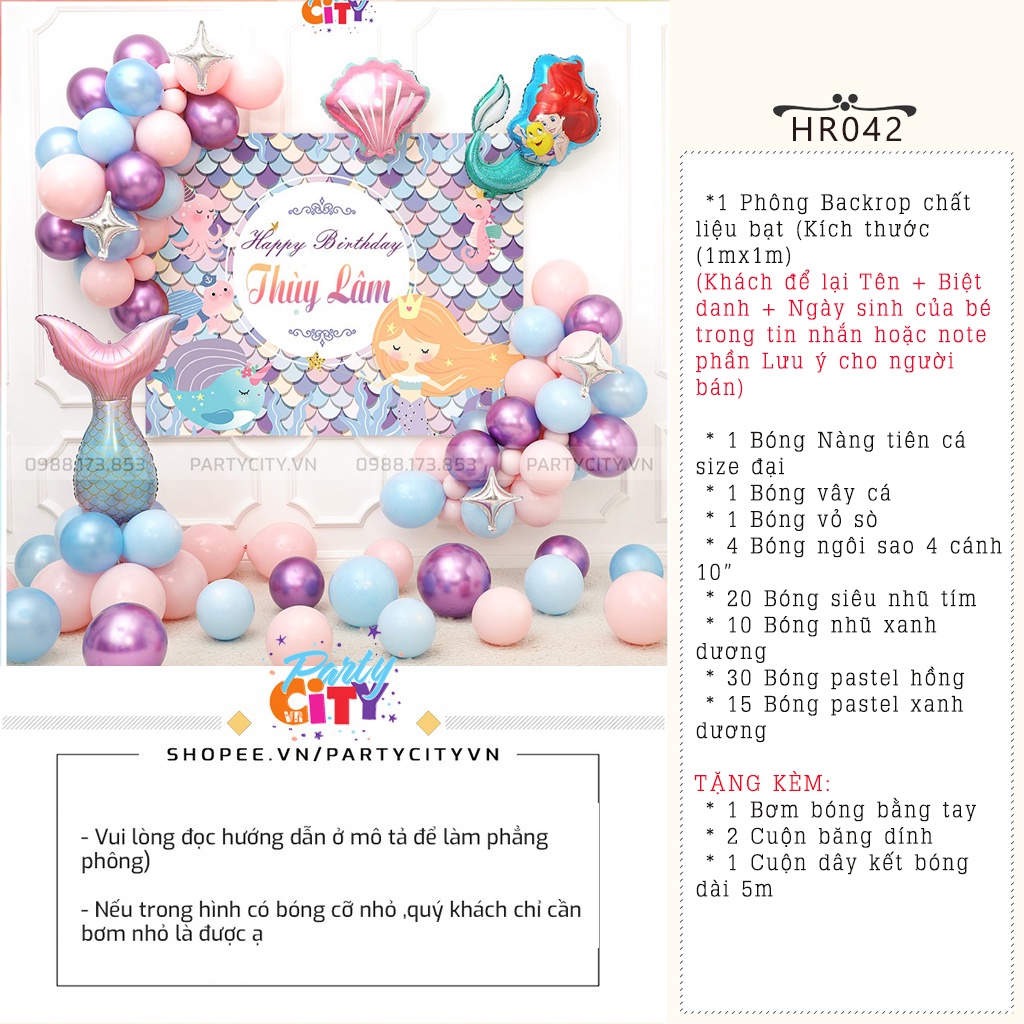 SET Trang Trí Sinh Nhật Nàng Tiên Cá Kèm Background Sinh Nhật, Thôi Nôi, Đầy Tháng In Tên Cho Bé Gái
