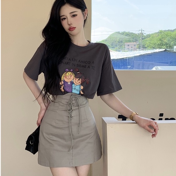 Set Áo Thun Ngắn Tay Cổ Tròn In Họa Tiết Và Chân Váy Lưng Cao Thời Trang Mùa Hè Phong Cách Hàn Quốc Cho Nữ