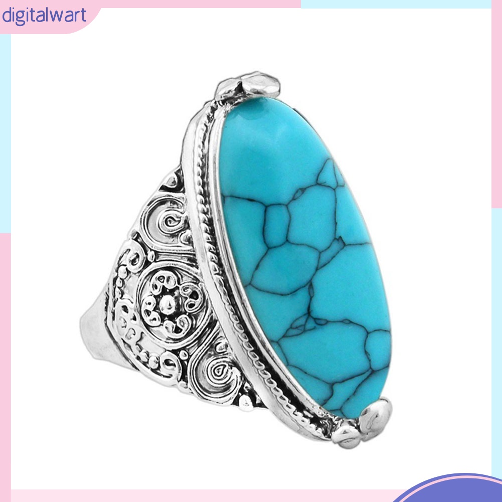 Nhẫn Mạ Bạc Chạm Khắc Đính Đá Ngọc Lam Hình Oval Phong Cách Boho Cổ Điển