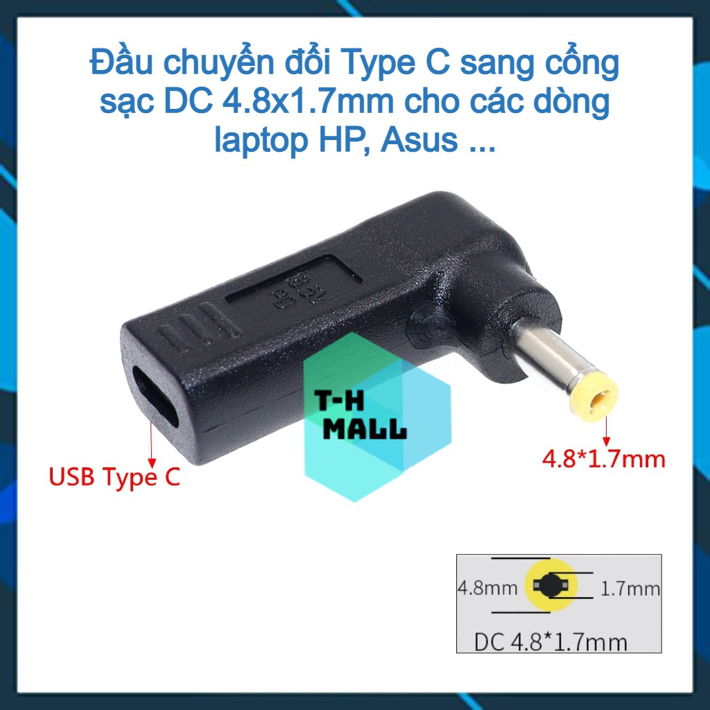 Đầu sạc chuyển đổi cổng USB Type C sang nguồn điện DC 4.8x1.7mm / 4.8*1.7mm chuyên dụng cho laptop HP Asus