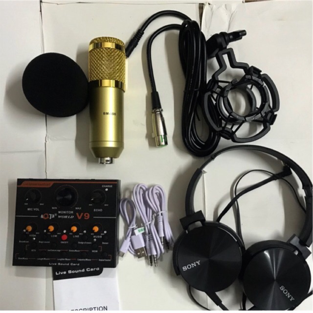 [Freeship toàn quốc từ 50k] Combo đơn giản soundcard V9 BM800 kèm tai kiểm âm sony