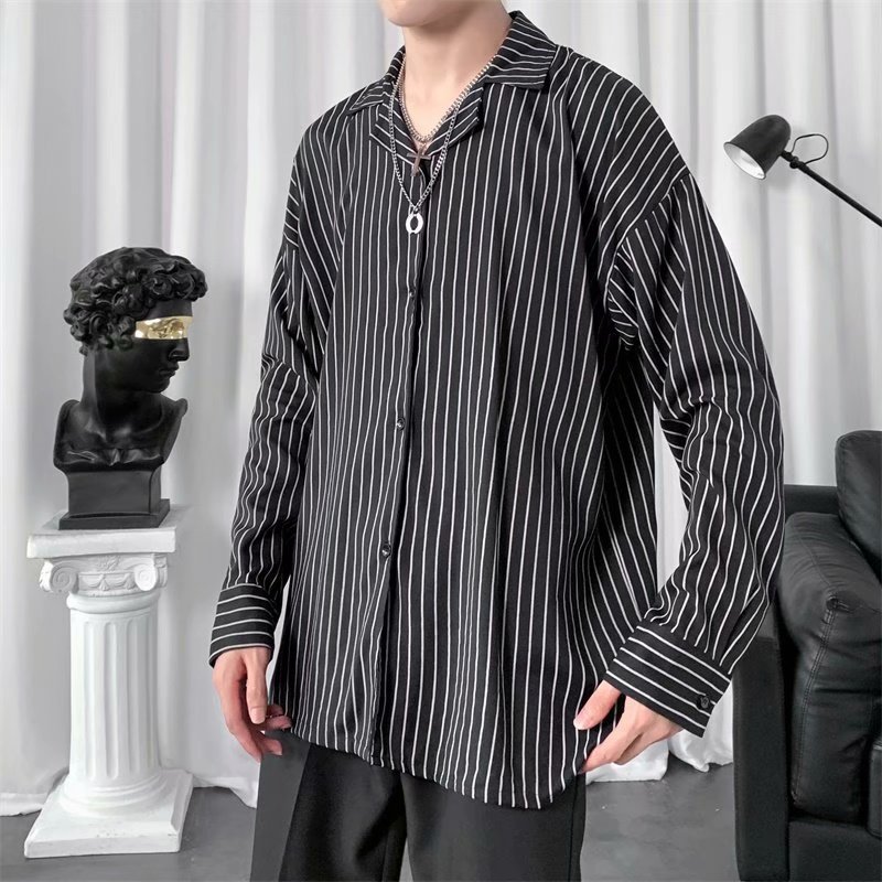 Korean Fashion Striped Striped Neck Long Sleeve Shirt for Men