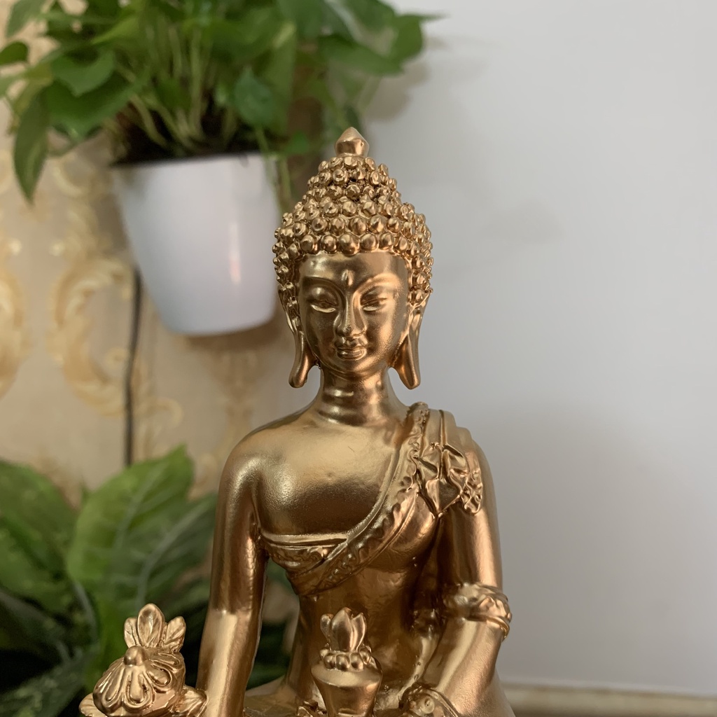 Tượng đá Phật Dược Sư Lưu Ly Quang ngồi trên đài sen trang trí phòng thờ- Chiều cao 16cm - Màu nhũ đồng