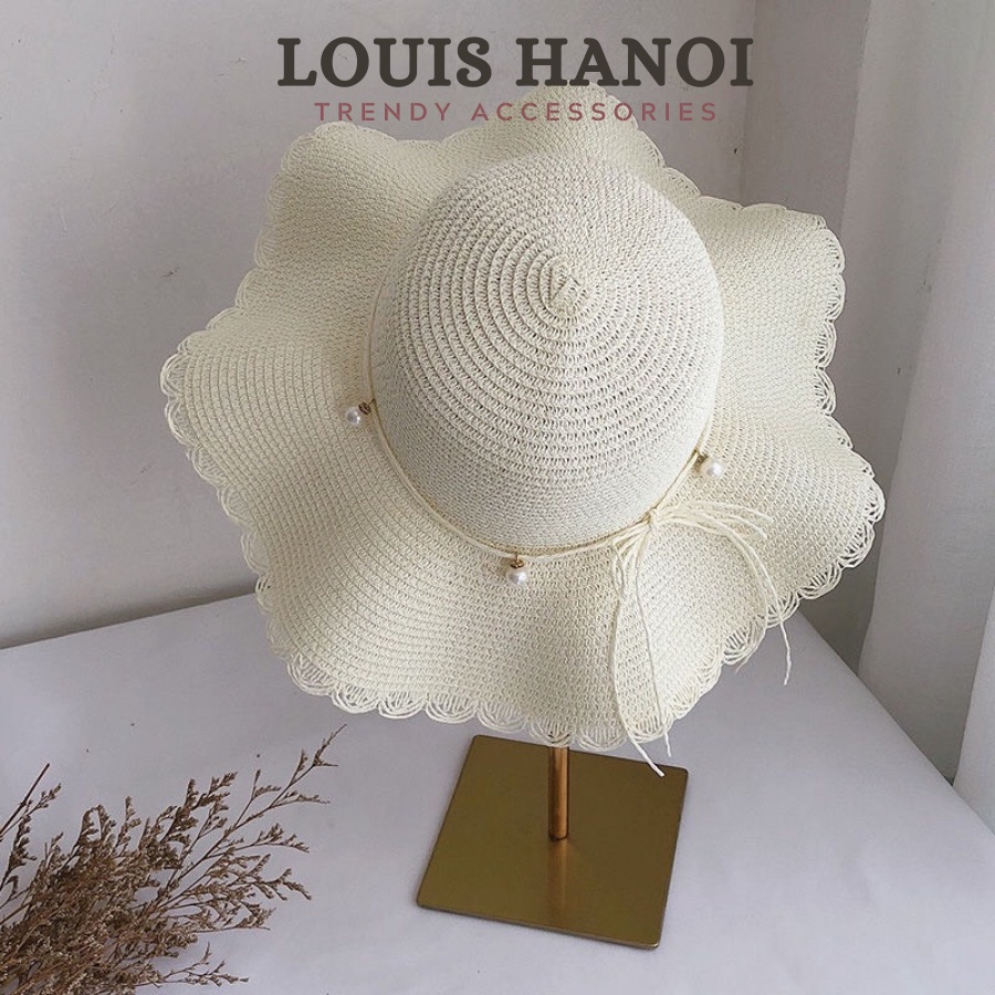 Nón Cói Đi Biển Rộng Vành Chống Nắng - Mũ Đi Biển Vành Sóng Cột Nơ Dây Đính Ngọc Xinh Xắn
