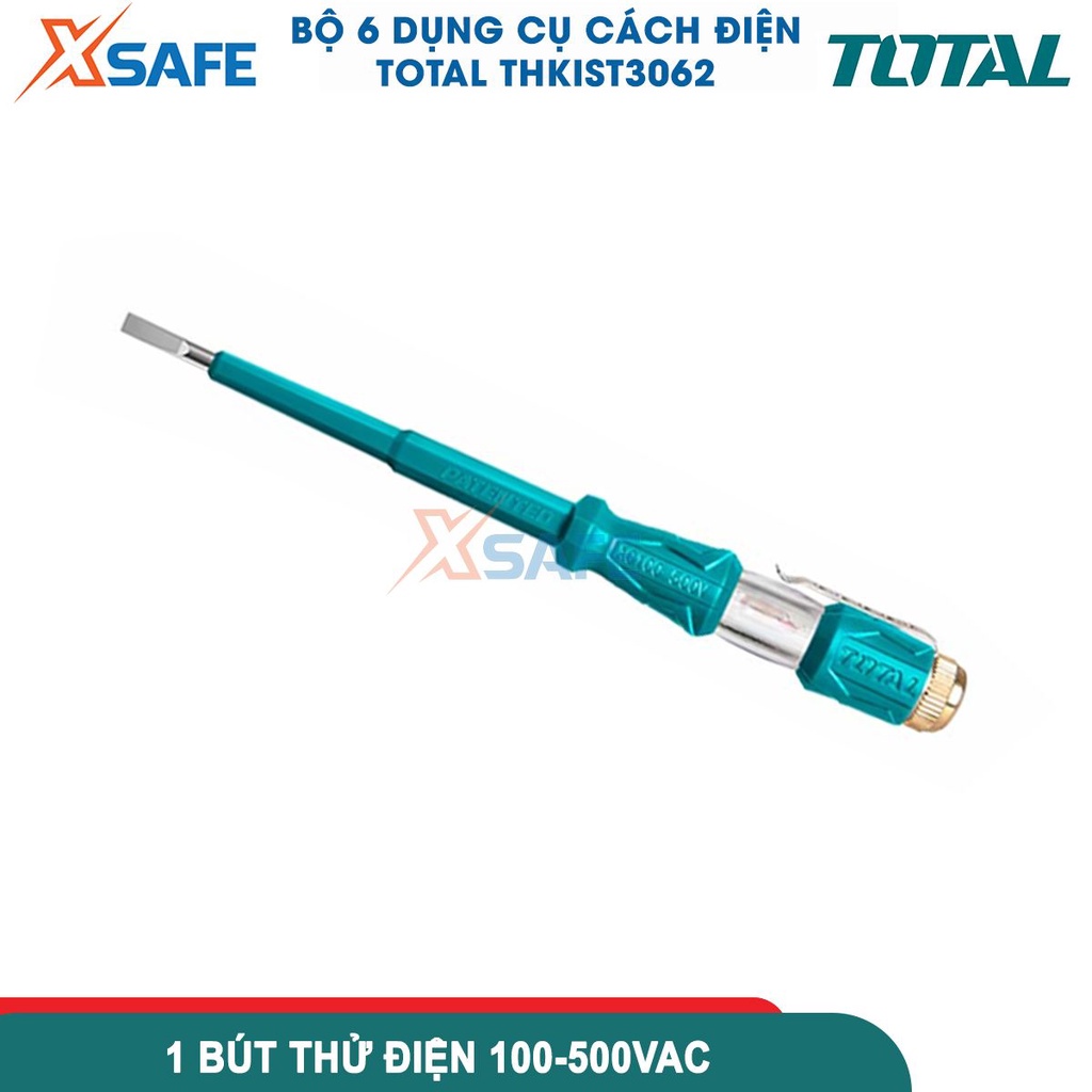 Bộ 6 công cụ cầm tay cách điện 1000V TOTAL THKIST3062 gồm 3 tua vít, 1 kềm răng, 1 kềm cắt cách điện và 1 bút thử điện