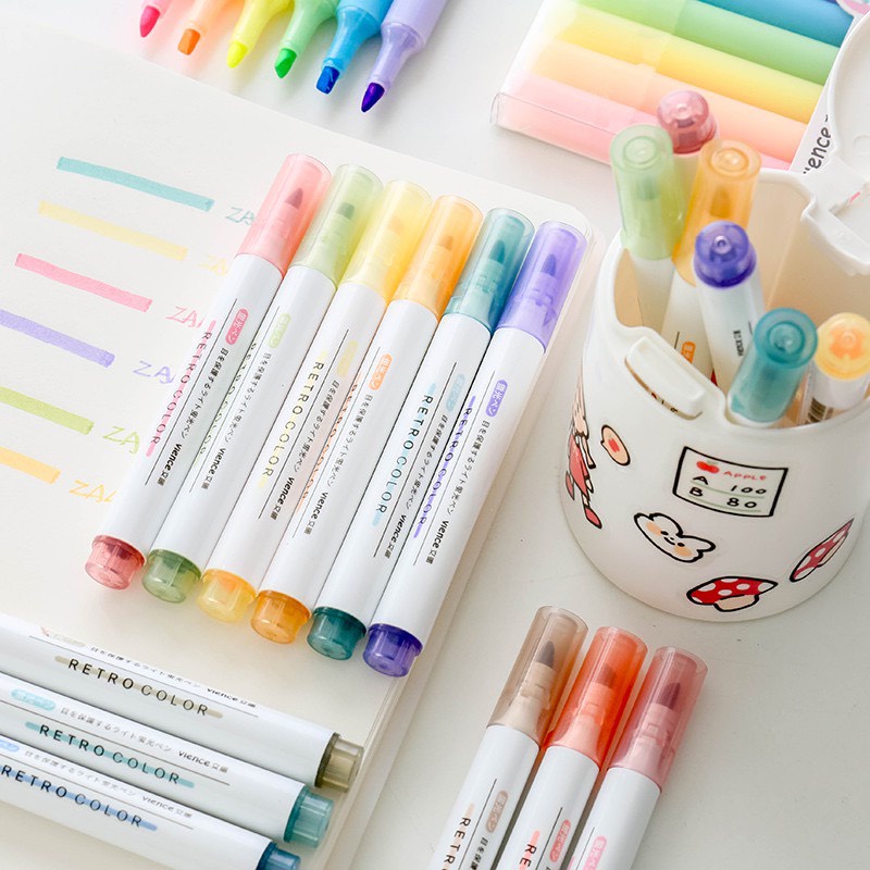 Bút dạ quang 6 màu highlight, bút đánh dấu nhớ dòng cute nhiều màu marker dễ thương