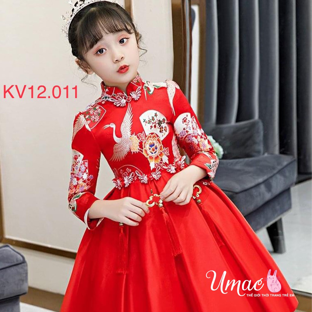 Váy gấm cách tân bé gái UMAC thêu hoa mẫu đơn mặc lễ tết siêu xinh - KV12.011