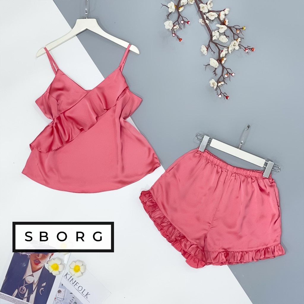 Đồ ngủ lụa SBORG bộ mặc nhà lụa satin cao cấp áo 2 dây sexy viền bèo xéo cute quần đùi freesize dưới 55kg quà tặng vợ