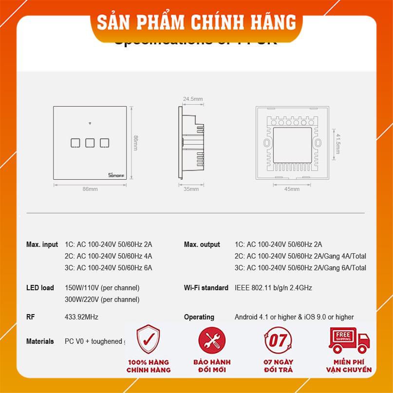 CÔNG TẮC WIFI CÓ RF433 SONOFF T1 UK 3 NÚT HÌNH VUÔNG