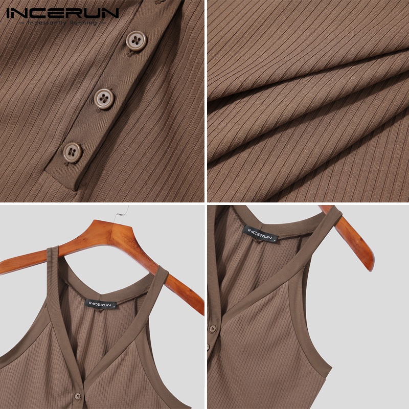 Áo tanktop croptop INCERUN dệt kim cài nút cổ V không tay thường ngày cho nam