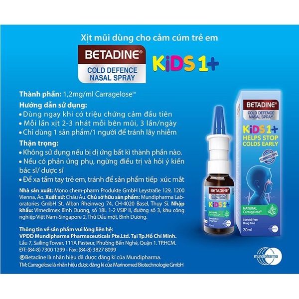 Betadine xịt mũi trẻ em 1+ lọ 20ml