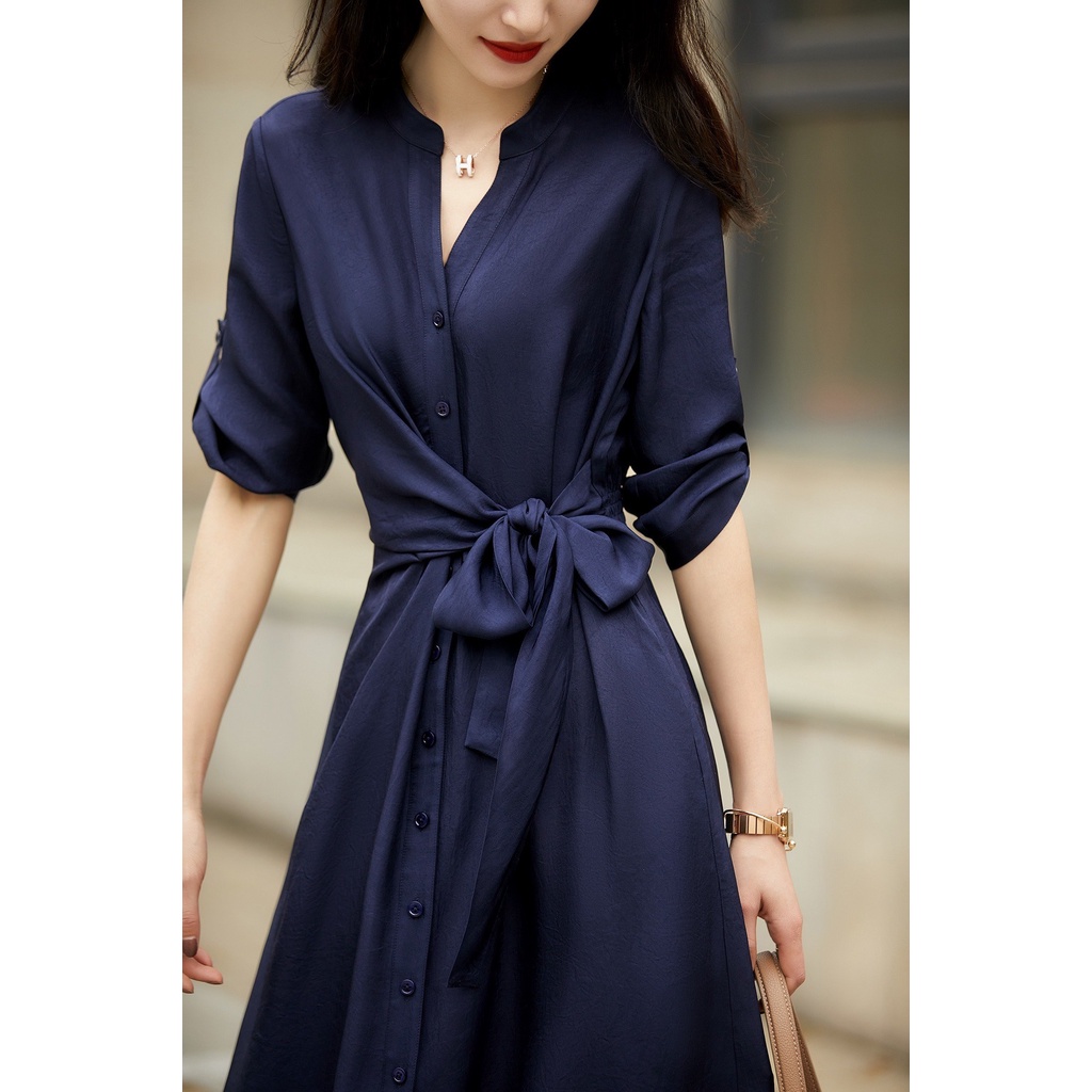 Đầm công sở màu xanh than thắt nơ eo thanh lịch - Talia Dress - Helen Boutique