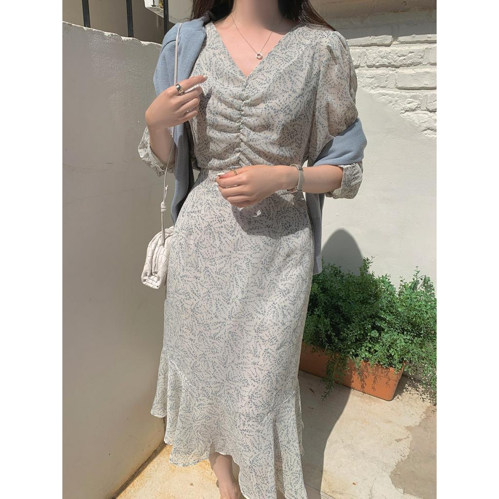 Đầm Voan Hoa Xếp Ly Cổ V Ngắn Tay Thời Trang Sành Điệu 63964