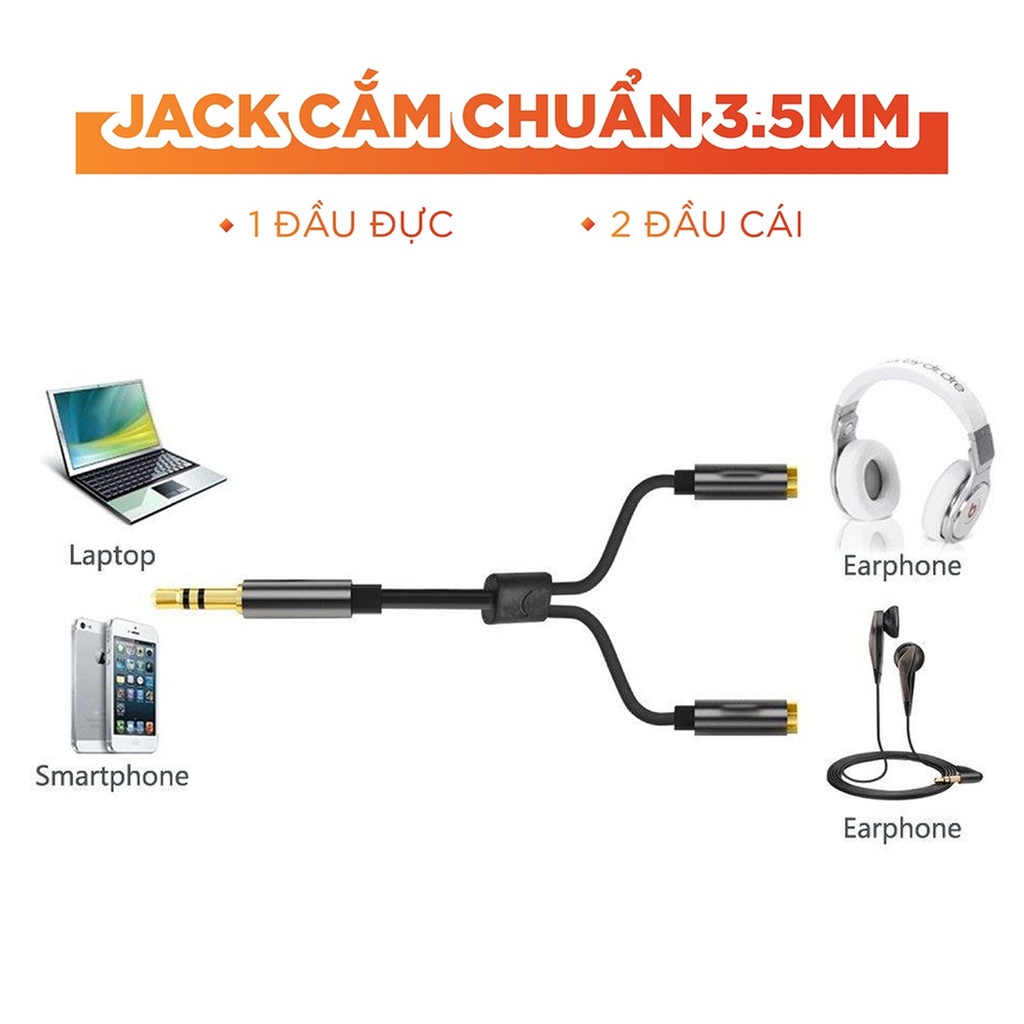 Dây cáp Audio 3.5mm HOCO dài 20cm một đầu đực chia 2 cổng 3.5mm cái 2 tai nghe đầu nhôm