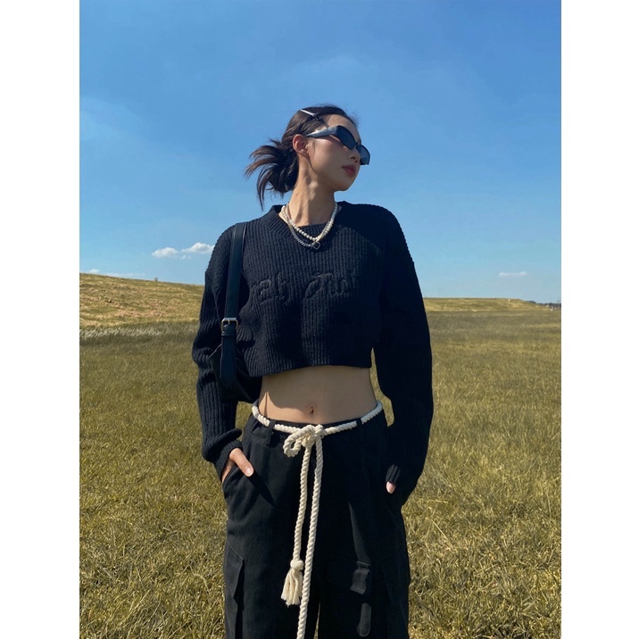 Áo sweater Dệt Kim Dáng Ngắn Phong Cách vintage Mỹ Ngọt Ngào Cho Nữ