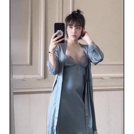 Set 2 món Váy ngủ sexy mix áo choàng lụa satin cao cấp - đầm ngủ sexy lụa | BigBuy360 - bigbuy360.vn