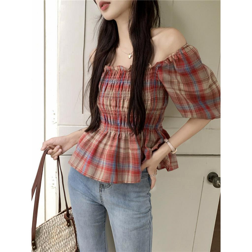 Áo Kiểu Tay Phồng Ngắn Cổ Vuông Họa Tiết Sọc Caro Phong Cách Hàn Quốc Thời Trang Mùa Hè Cho Nữ