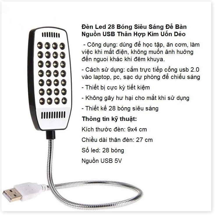 Đèn Led 28 Bóng Siêu Sáng Để Bàn Nguồn USB 5V Thân Hợp Kim Uốn Dẻo