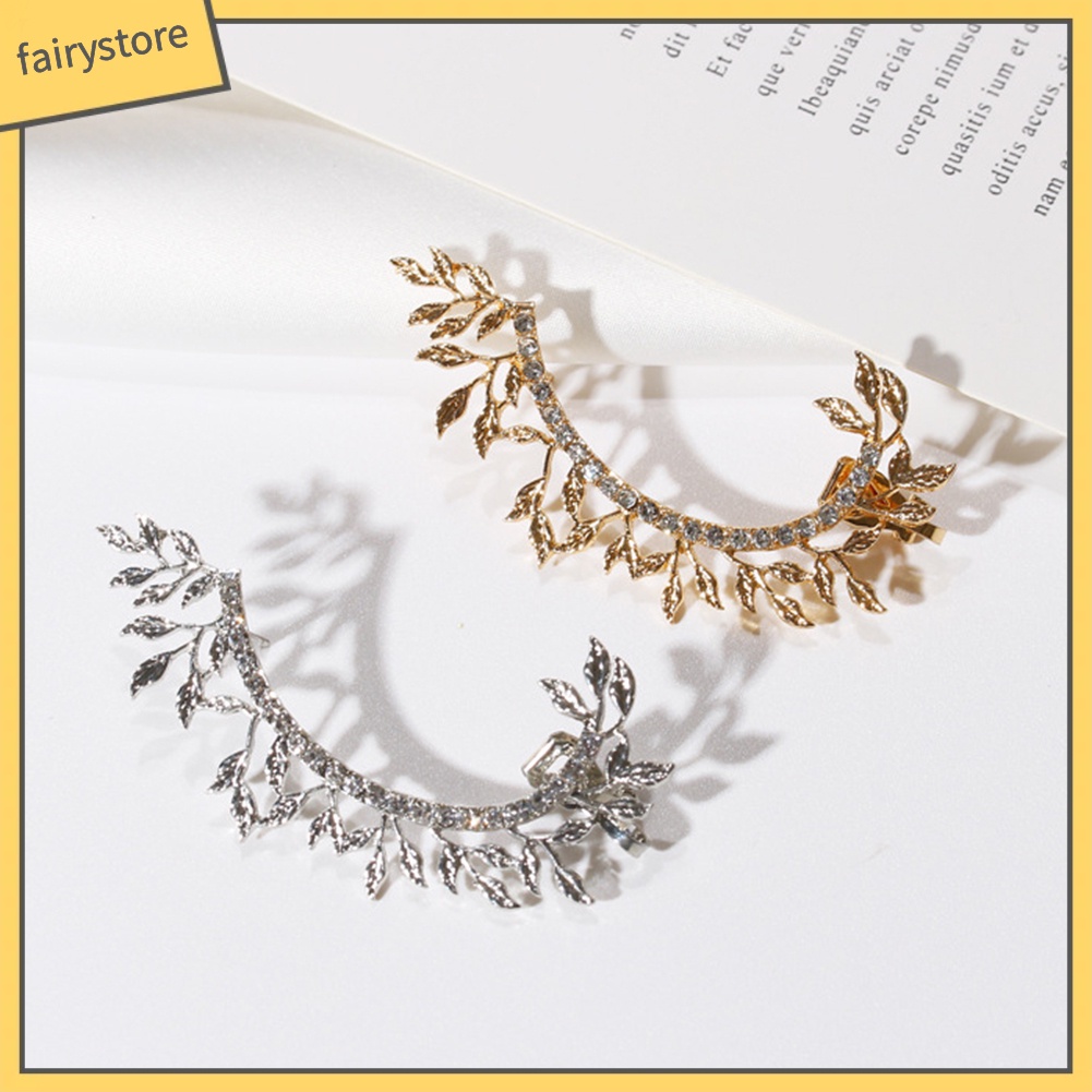 Khuyên vành tai kim loại hình lá đính đá vintage cho nữ