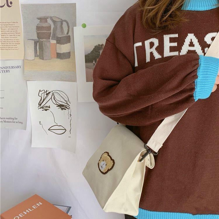 [OUYOU]Đeo Chéo Thời Trang  Túi Vải Túi Xách Dành Cho Nữ Hình Gấu Đáng Yêu Phong Cách Retro Cho Nữ