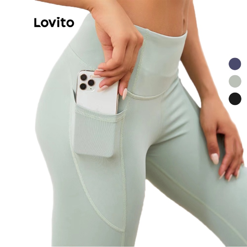 Quần legging thể thao LOVITO L03052 nhanh khô ôm dáng có túi màu xanh lá/ đen/ xanh dương đậm | BigBuy360 - bigbuy360.vn