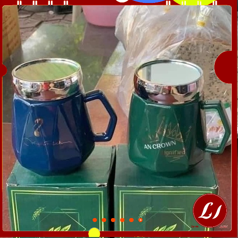 Cốc,ly sứ nắp gương LỤC GIÁC XANH sang trọng, giữ nhiệt- TĐ