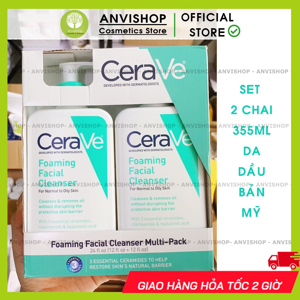 Sữa rửa mặt Cerave Foaming Facial Cleanser 355ML SET 2 CHAI - Sữa rửa mặt dành cho da dầu và da thường ANVISHOP