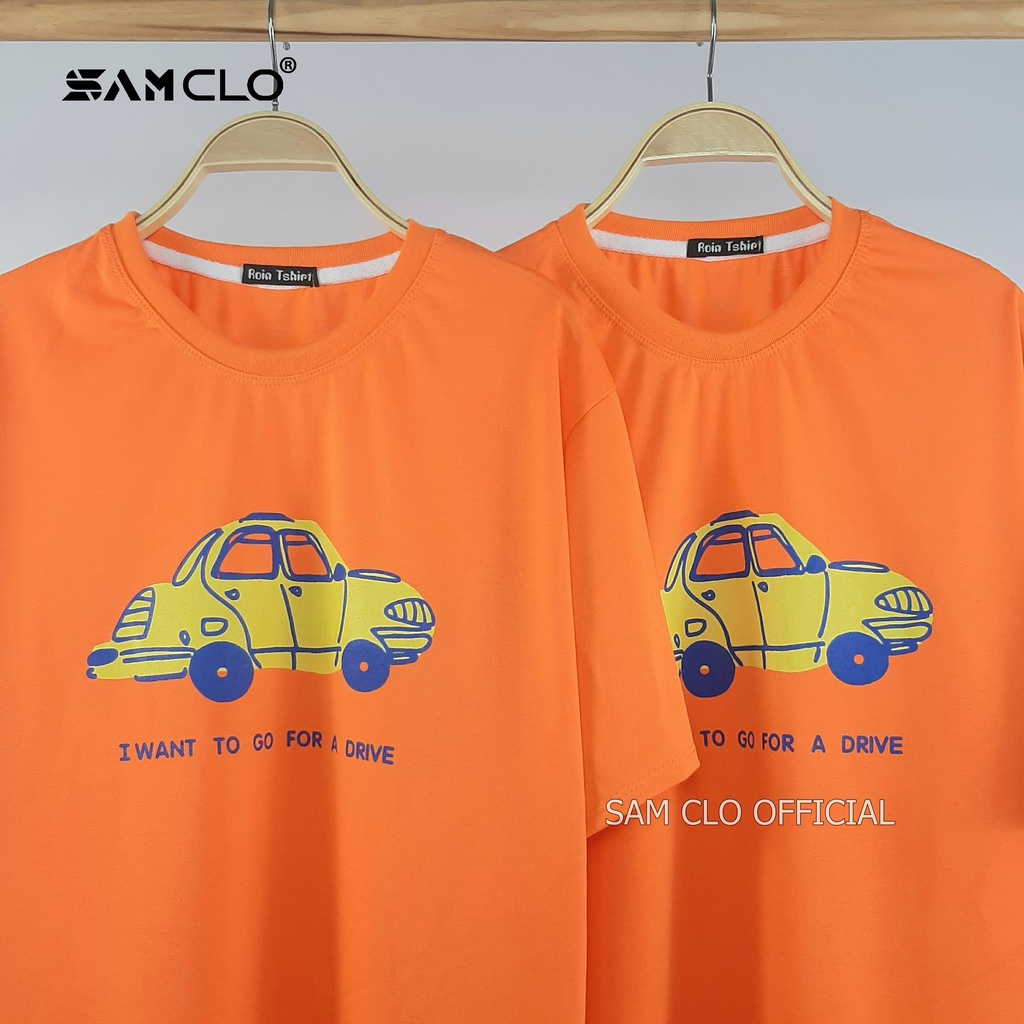 Áo phông tay lỡ nữ SAM CLO freesize thun form rộng dáng Unisex - mặc cặp, nhóm, lớp in DRIVE XE HƠI VÀNG